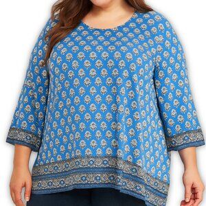 J.Jill Boho Blue Floral Border Print Top Scoop Neck 3/4 Sleeve 5X